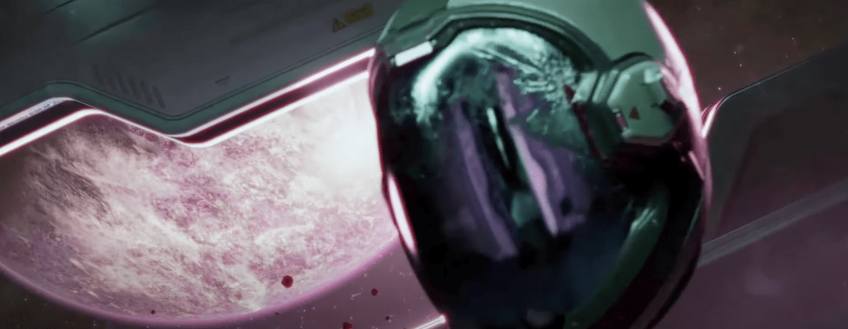 A screenshot from teh Directive 8020 trailer depicting a broken helmet floating through a space ship with droplets of blood floating alongside it.
