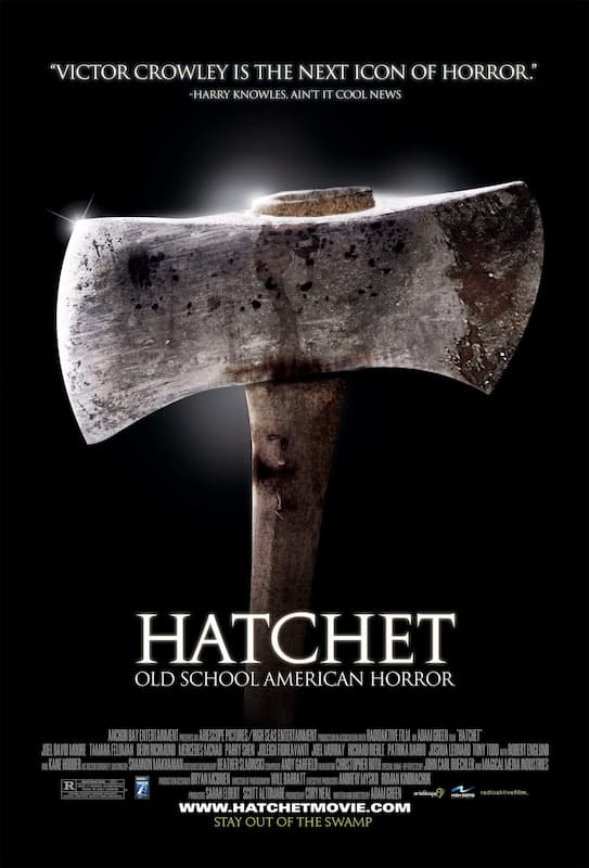 The poster for Hatcher (2006) depicting a grimey hatchet and the title of the film. Black background.